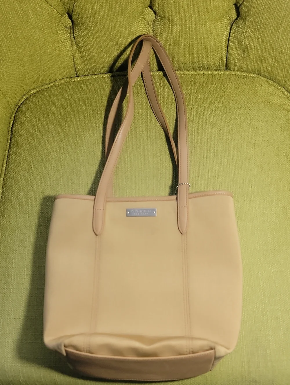 Coach Beige Rylon Shoulder Tote with Leather Trim